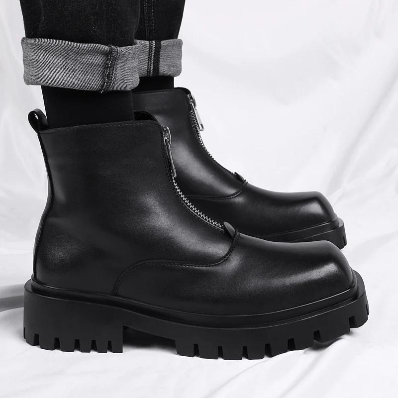High Quality Casual Leather Men Thick Bottom Designer Shoes British Style High Top Dress Shoes New Fashion Round Toe Ankle Boots