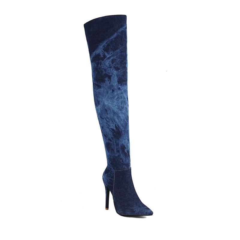 New Blue Denim Over The Knee High Boots Pointed Toe Stiletto High Heels Zipper Long Boots Women's Autumn Winter Shoes Footwear