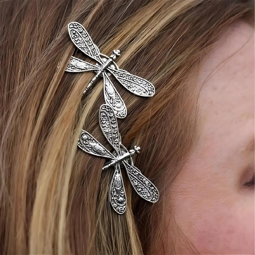 1 Pair Antique Silver Dragonfly Shaped Hair Clips Metal Hair Clips Elegant Side Hair Braids Hair Buns Ladies' Elegant Hair Clips