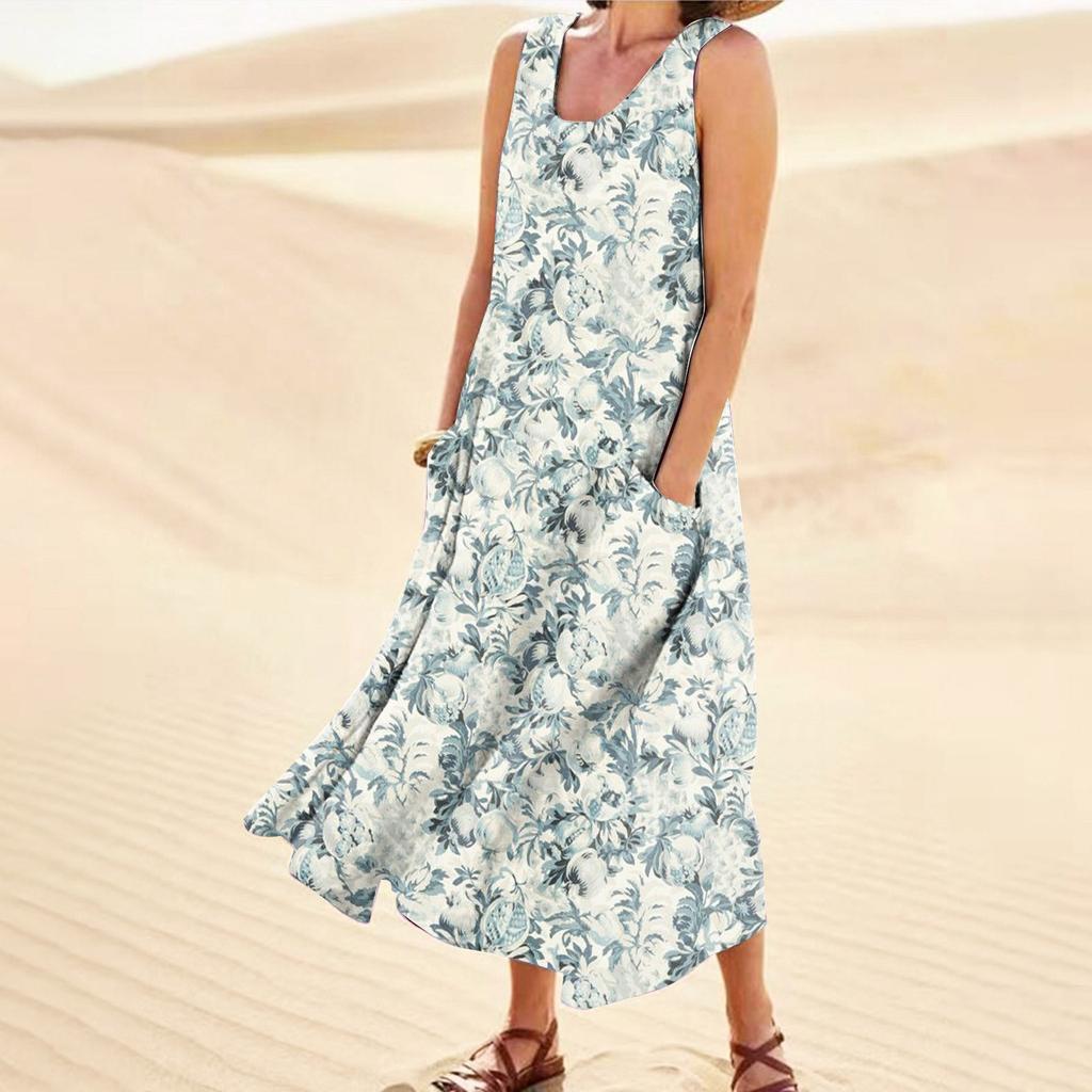 Fashion Summer Casual Comfortable Flower Print Sleeveless Cotton With Pocket Beach Dress For Women