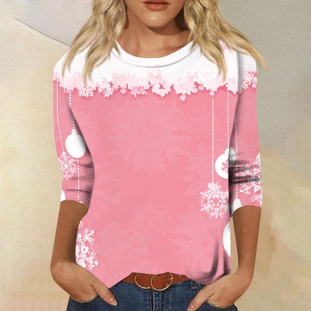 Women's Casual Christmas Print Neck 3/4 Sleeve T-Shirt