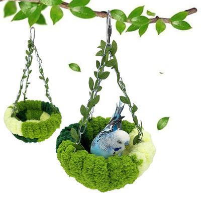 Hängendes Papageiennest Vogelkäfig Plüsch Vogelbett mit Blättern Haken Indoor Grün Zuchtnest für Sittich Conure Wellensittich Nymphensittich Unzertrennlicher