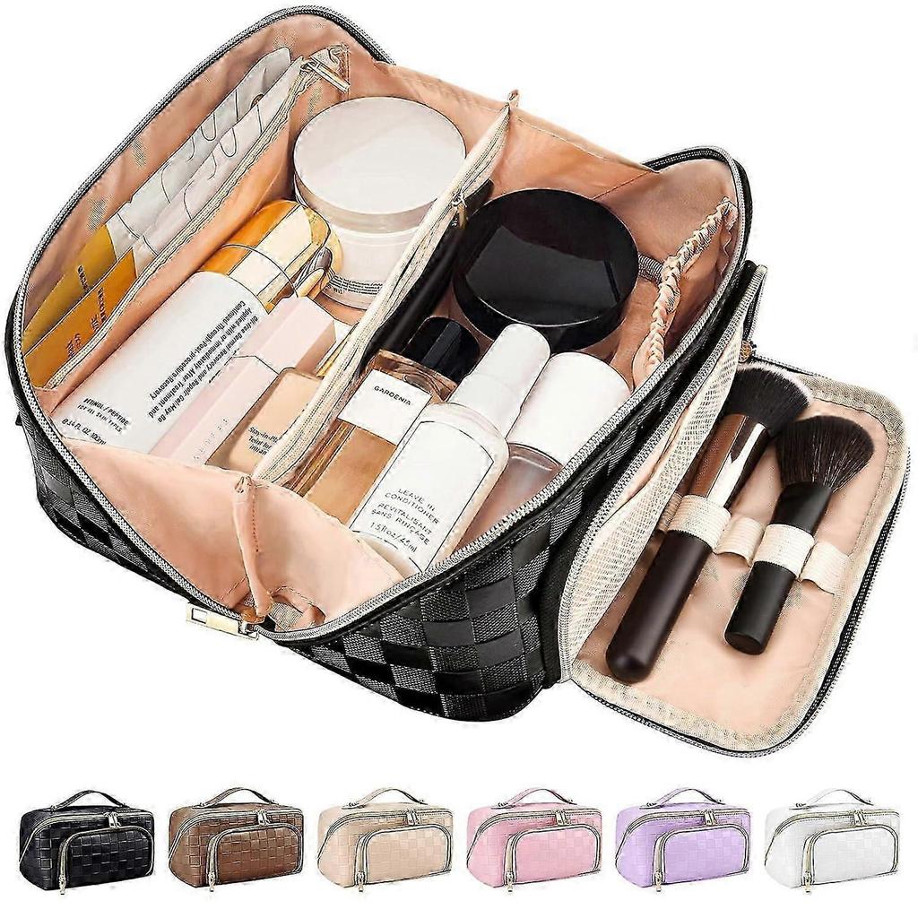 Travel Makeup Bag for Women, Large PU Leather Waterproof Checkered Cosmetic Bags, Open Flat Toiletry Bag, Make up Organizer with Divider and Handle