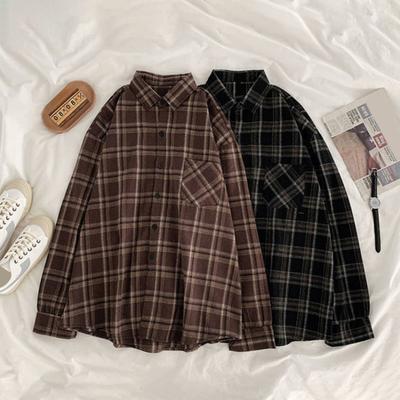 Camisa feminina lapela manga comprida xadrez estampa tops com bolsos camisa solta de abotoamento único uso diário