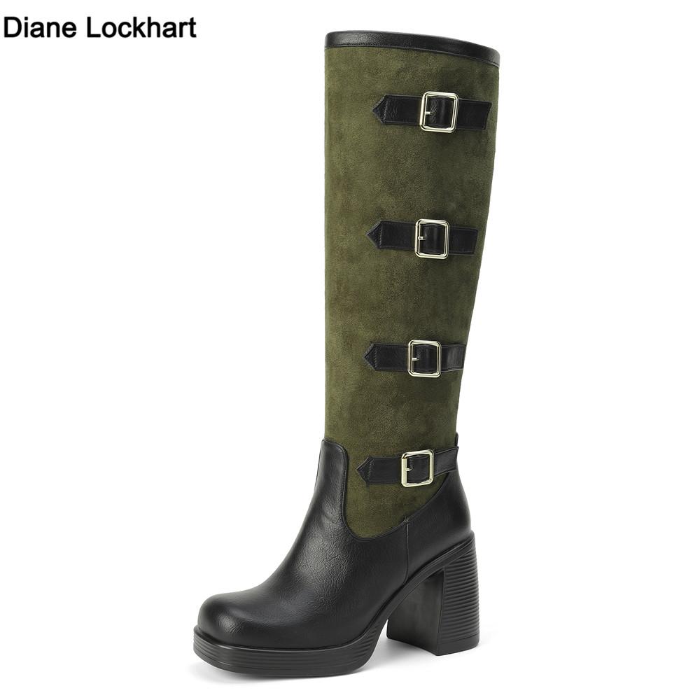 Fashion Women Boots Autumn Winter Long Tube Knight Booties Buckle Punk Gothic Classic Black ArmyGreen Platform High Heel Shoes Knee-High