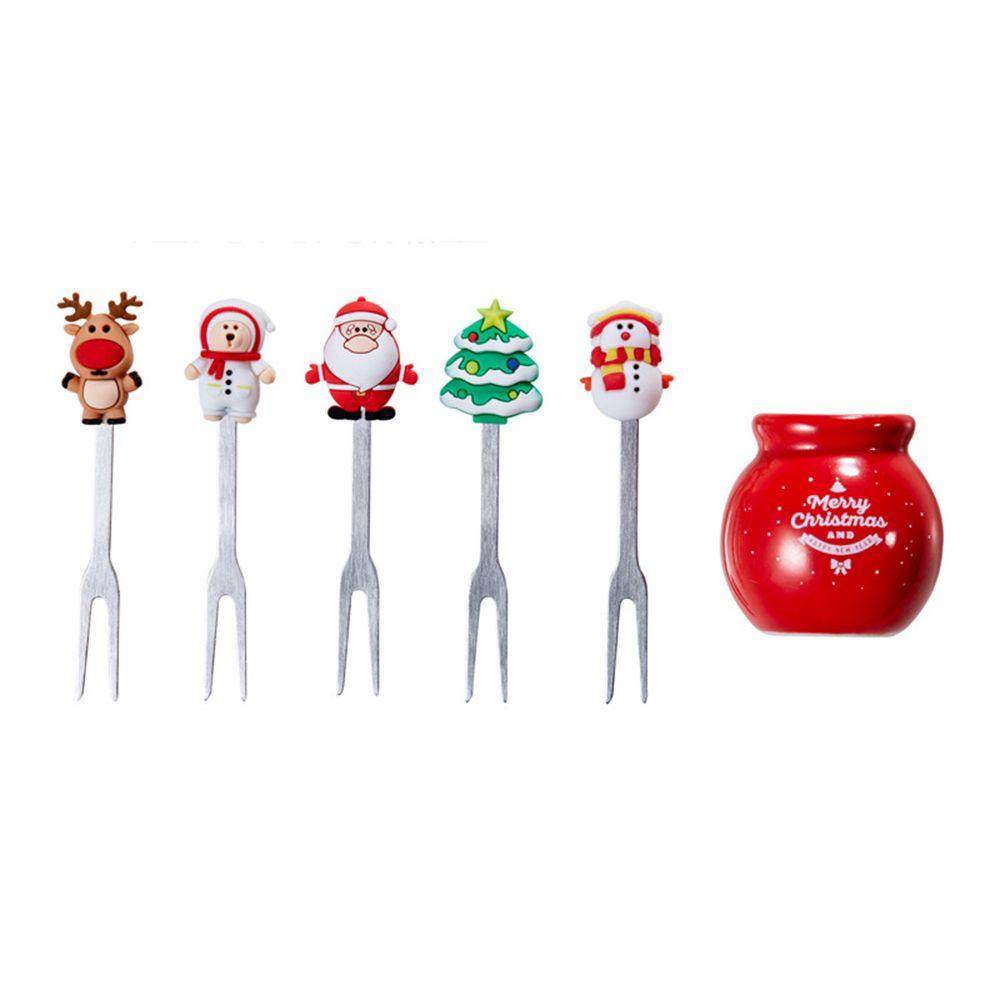 5pcs/Set Dessert Fruit Forks Christmas Stainless Steel Mini Salad Food Dinnerware Cutlery Set