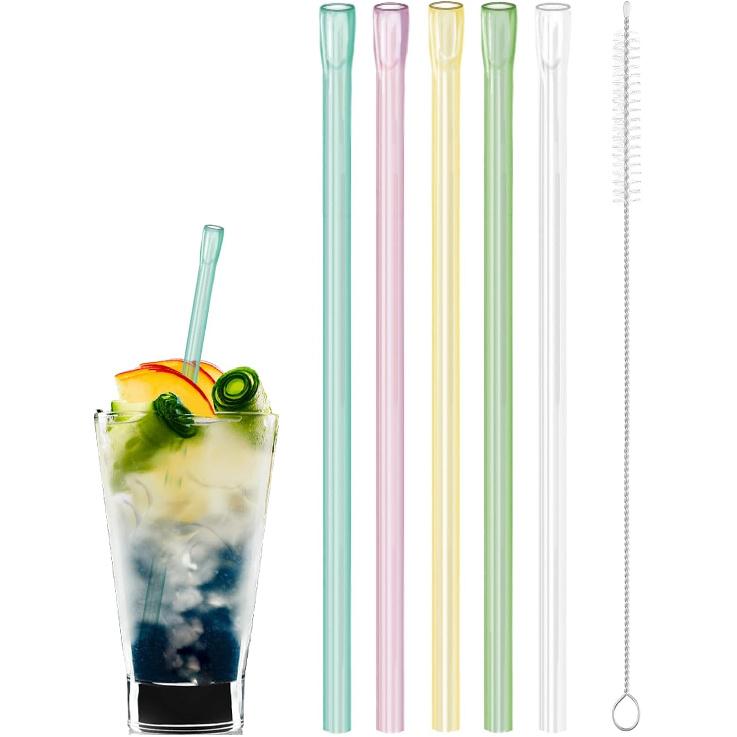 7.9 in Anti Wrinkle Straw, 5 Pcs Flat Mouth Glass Straws Shatter Resistant for Lip Wrinkles Prevention with Cleaner Brush, Reble Glass Drinking