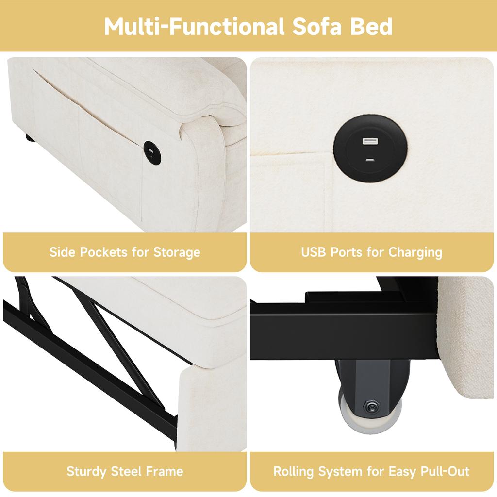 3-in-1 Double Sofa Bed with Adjustable Backrest and Bed Function, Convertible Sofa with USB Charging Port, Chenille Fabric, Beige, Incl. 2 Cushions
