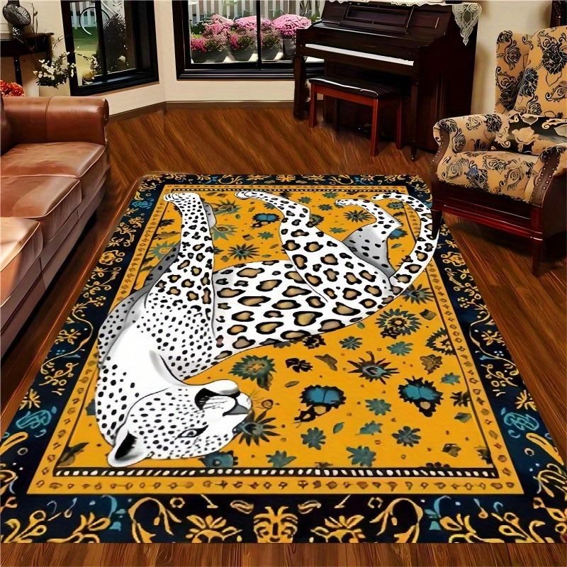 Chic White Leopard & Yellow Base Area Mat - Non-Slip, Stain &, Perfect for Living Room, Bedroom, Office Decor