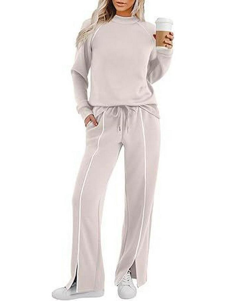 Women's Crew Neck Long Sleeve Stretch Pants and Slit Sweatshirt Set