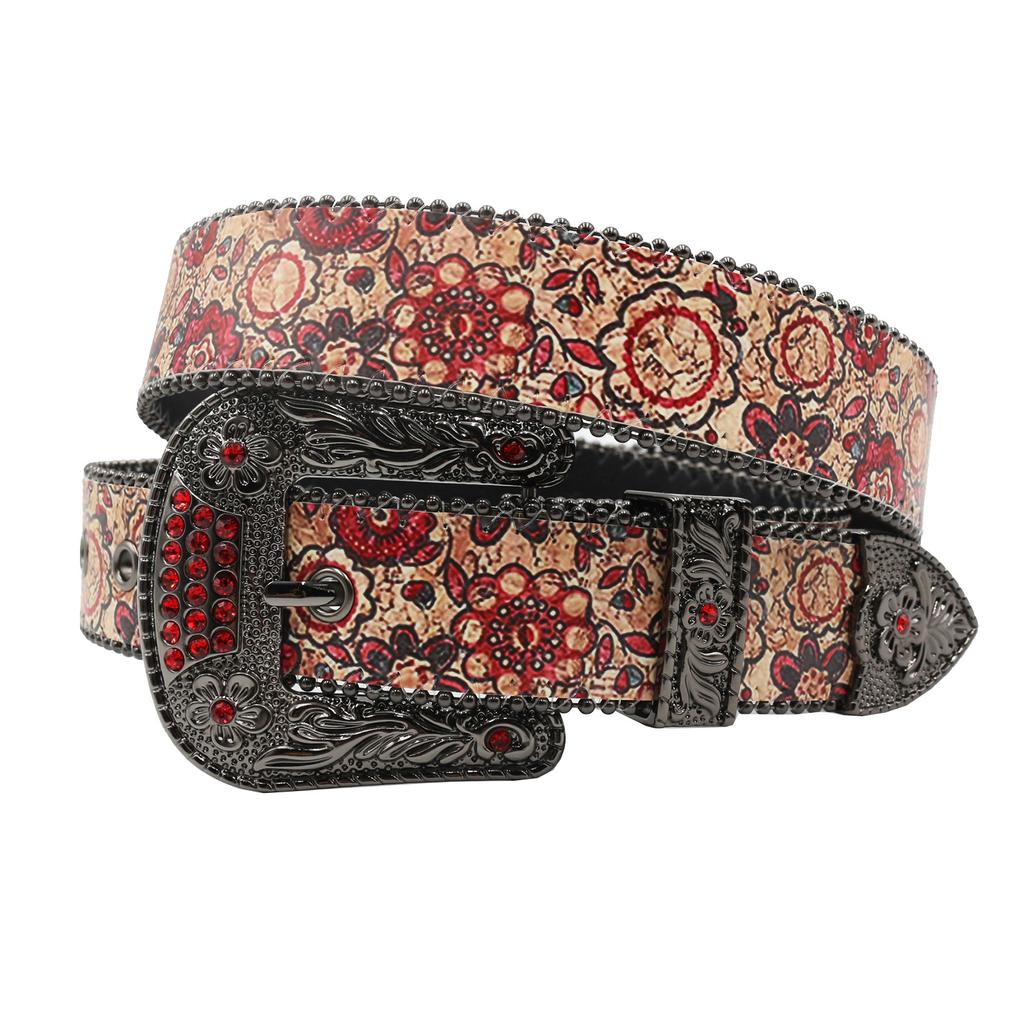 Original Luxury Red Pattern Rhinestone Printed Belt, Full Of Design And Trendy Pu Leather Belt