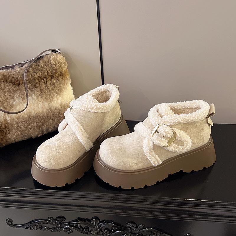 Women's thick-soled winter fur one belt buckle lightweight warm anti cold padded snow boots non-slip wear casual sneakers cotton boots