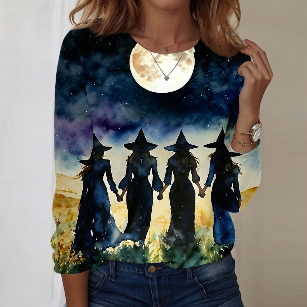 Women's Halloween Print Oversized Long Sleeve Round Neck Top