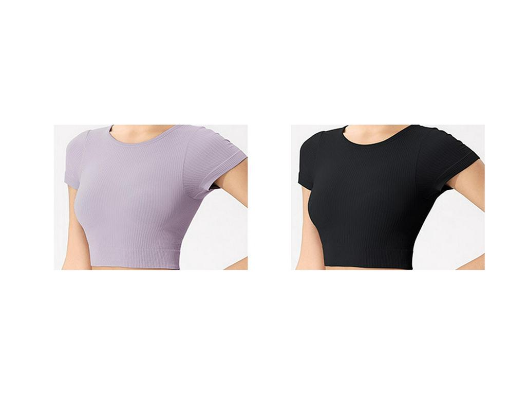Seamless Women's Fitness Top with Built-in Chest Pad - Nude Feel Short Sleeve for Yoga & Running