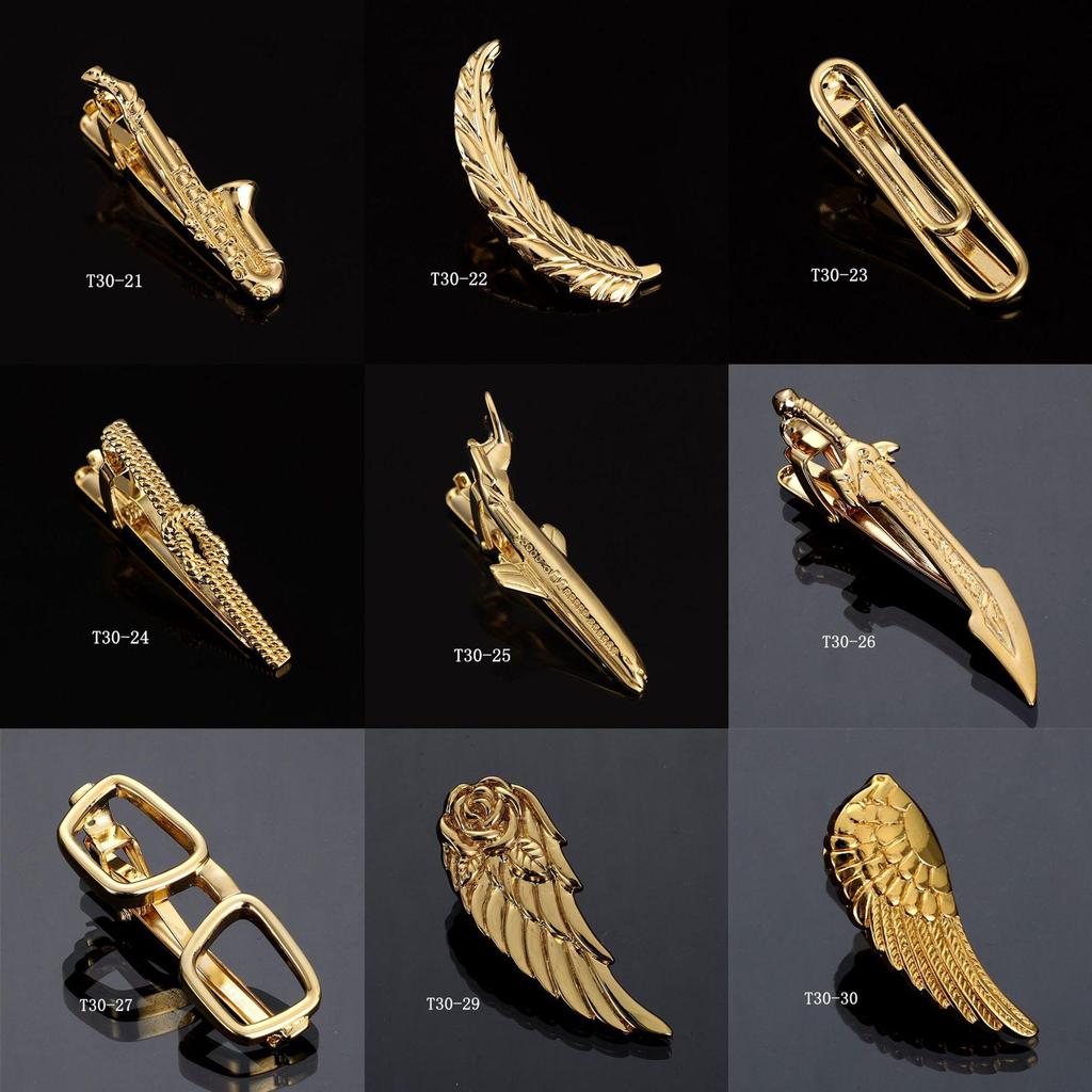 Herren Krawattennadel Kollektion: Goldene Brille, Schlüssel, Anker, Blätter, Schnurrbart, AK, Saxophon, Angelhaken, Pfeife, Kugel, Kragenclips