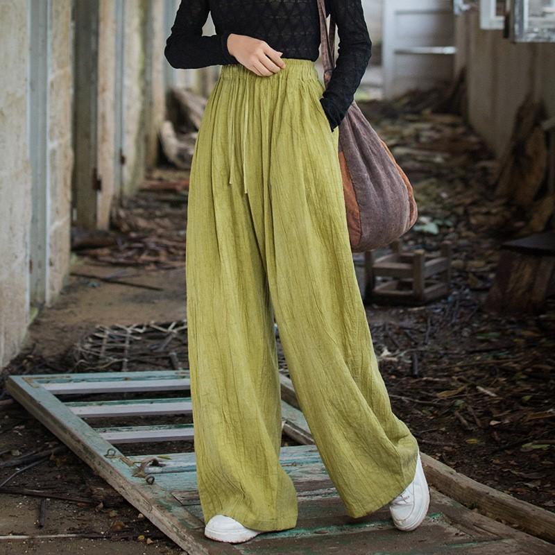 Johnature Women Vintage Wide Leg Pants Elastic Waist Tie-dye Trousers Autumn Loose Belt Long Pants