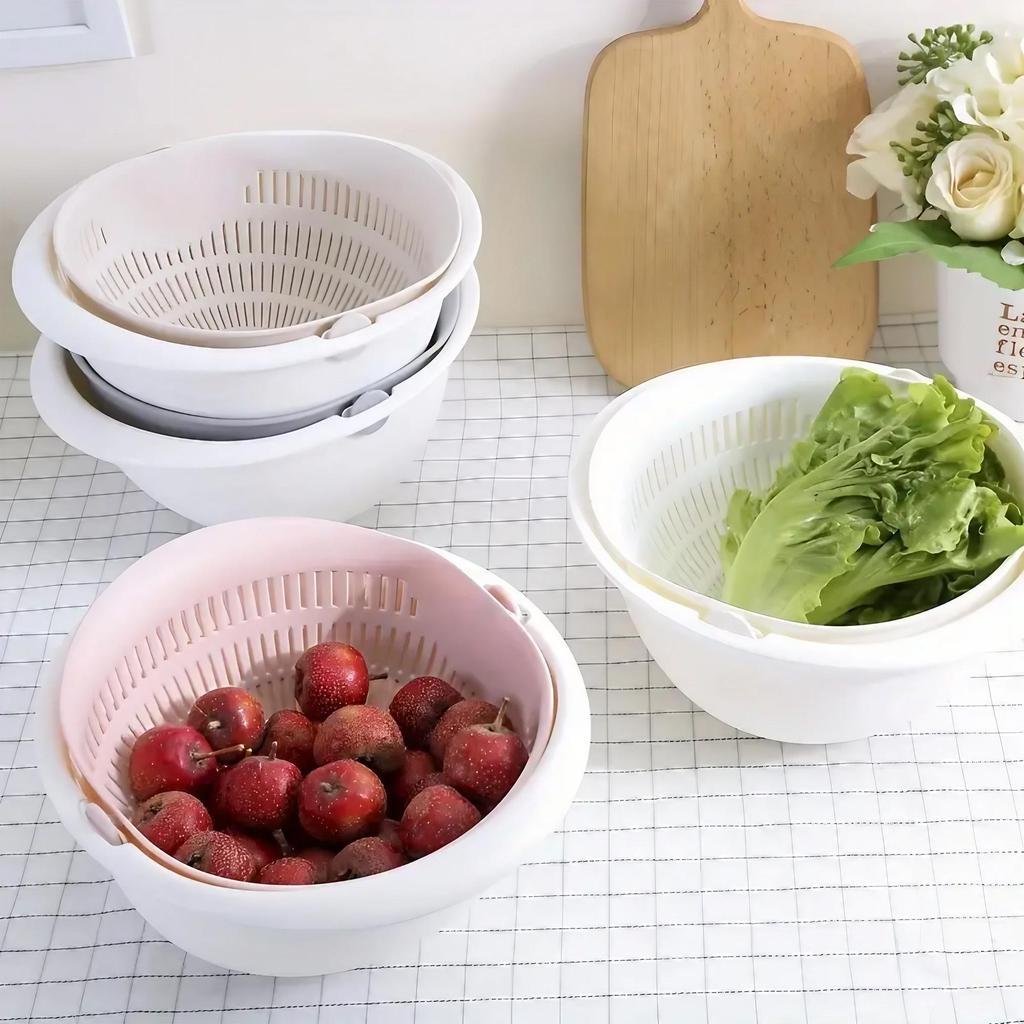 Kitchen Double Basin Drainer Strainer with Bowl Fresh Fruit Vegetable Cleaning Basket Essential Tool