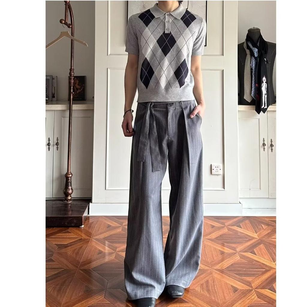 Striped Wide-leg A-word Double-pleated Streamer Pants Men's Summer Loose Old Money Wind-drape Scimitar Pants Commuter Pants