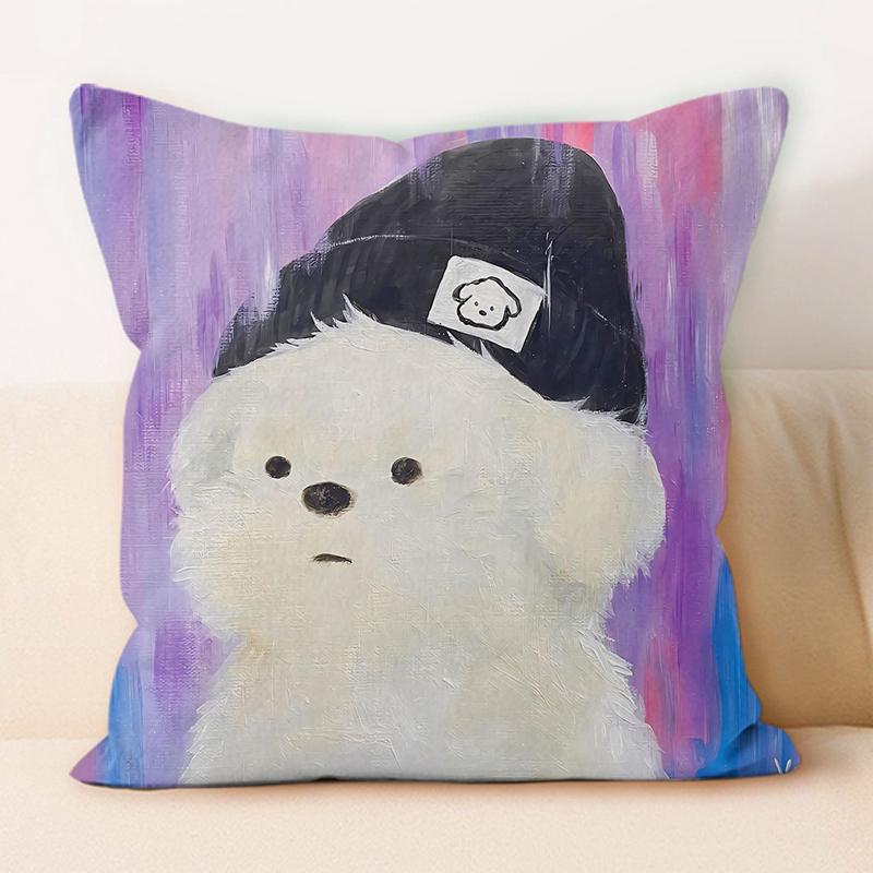 "Adorable White Fluffy Dog Oil - Painting Style Throw Pillow Cover"