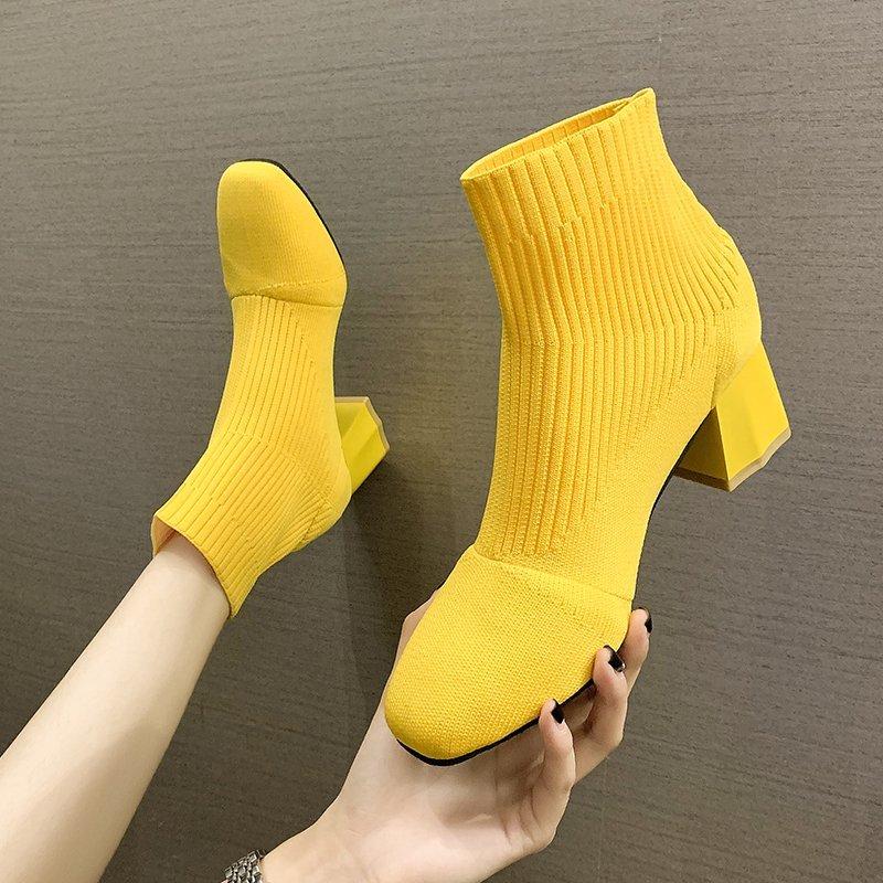 Women's Fall New Block Heel Booties Square Toe Knit Stretch Non-Slip Sock Boots