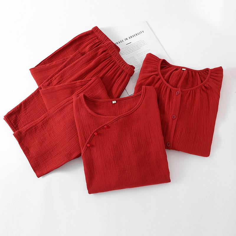 New Year's red pajamas female couple pure cotton double-layer yarn homewear spring and autumn long-sleeved trousers set festive homewear