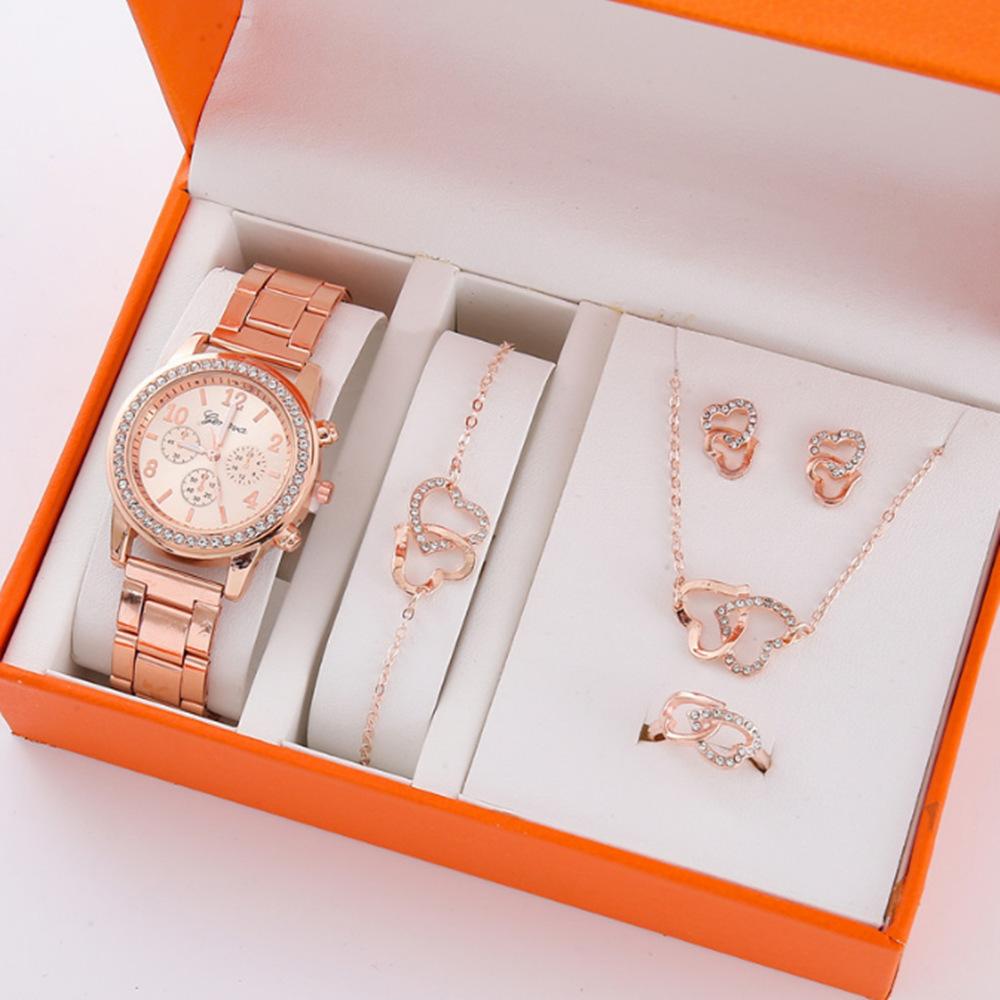Popular Five-Piece Women'S Watch Three-Eye Set Quartz Diamond-Encrusted Watch Gift Bracelet Watch