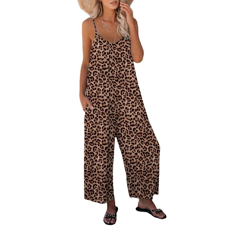 Women Summer Casual Sleeveless Leopard Print Loose Strap One Piece Long Jumpsuit