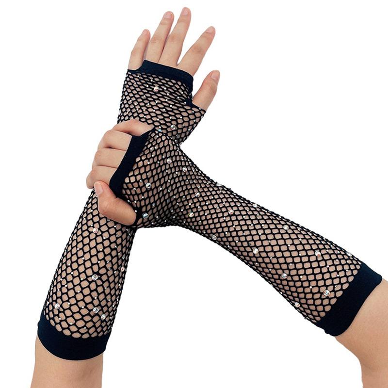 Shiny Rhinestone Fishnet Fingerless Long Gloves Leg Arm Cuff Women Party Wear Fancy Glove Sexy Girls Punk Goth Dance Mesh Gloves
