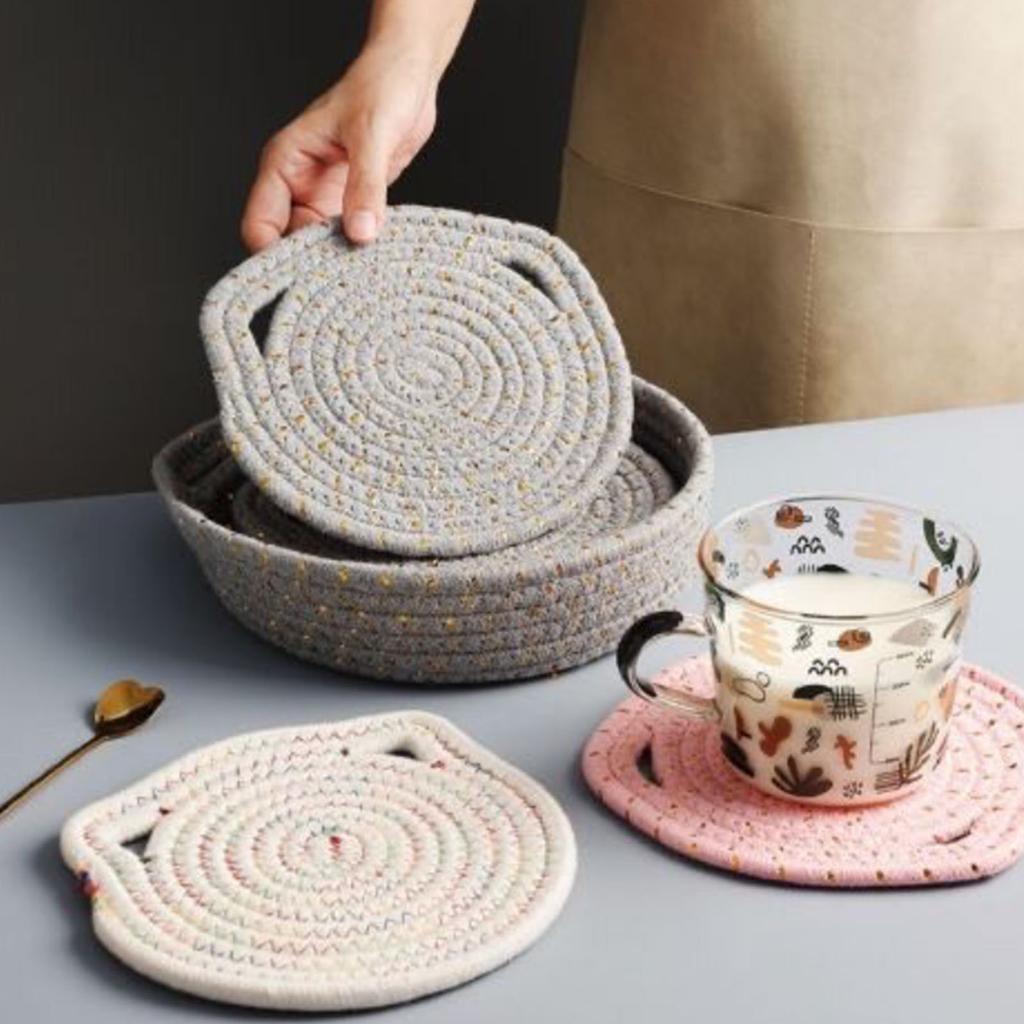 6Pcs Heat Resistant Table Mats with Cute Cats Ear Design for Pot and Bowls Washable Fabric Braided Cotton Cup Coasters