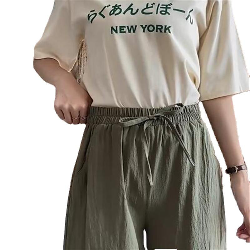 Široké kalhoty pro dámské léto Bavlněné lněné kalhoty Pevný elastický pas Prodyšný Volný střih Kalhoty velké velikosti