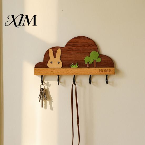 Wall Hooks for Leashes Solid Wood Key Holder with 5 Hooks, Decorative Mounted Adhesive Rack, Space Saving Organizer Entryway Kitchen And Office