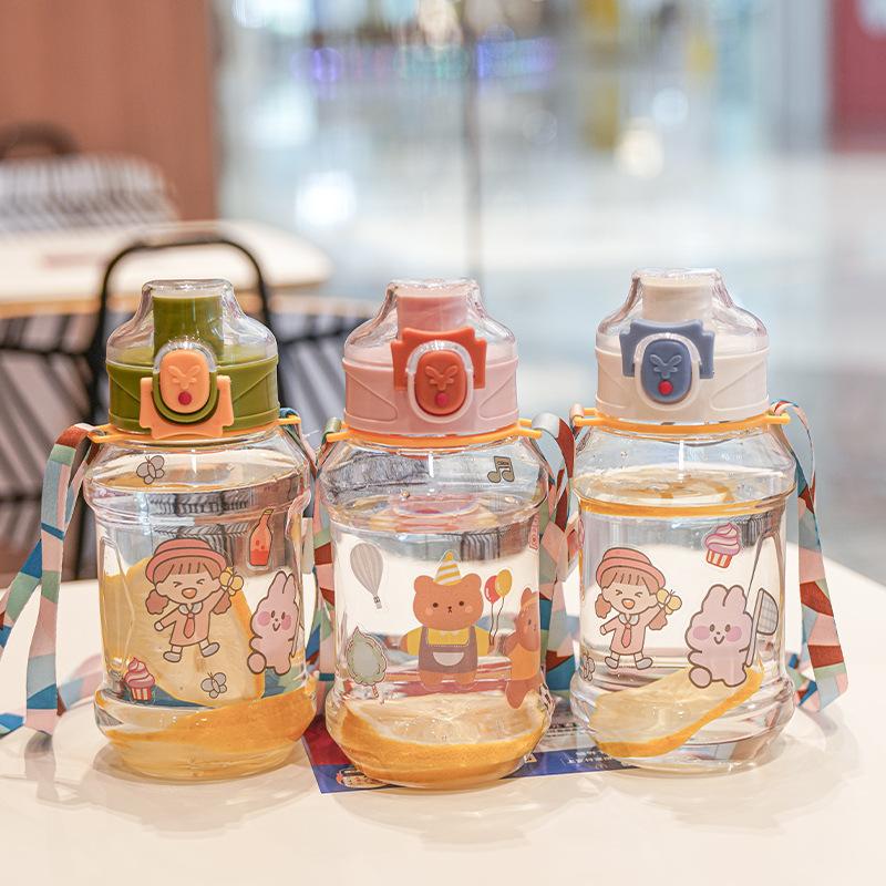 Water bottle1011 sticker plastic water cup children's strap direct drinking cup one-button elastic cover leak-proof and drop-proof cute cartoon