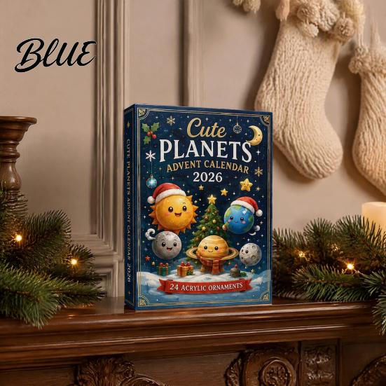 Christmas Countdown Calendar Set with 2D Flat Calendar 24Pcs Space Advent Acrylic Ornament Planet Holiday