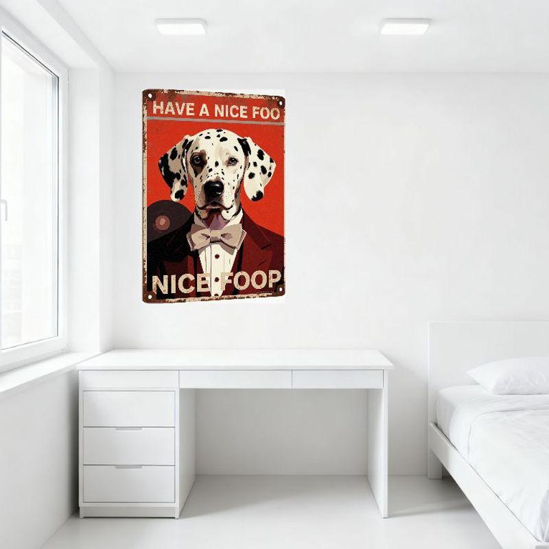 Vintage Metal Sign Red Background White Text Dalmatian in Maroon Suit with Bow Tie Dress Shirt Home Decor for Man Cave Cafe Bar