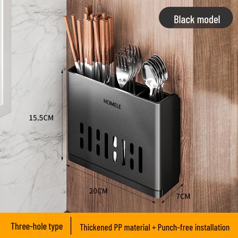 Wall-Mounted No-Drill Chopstick Holder with Multi-Compartments and Drainage, Large Capacity Cutlery Storage Box