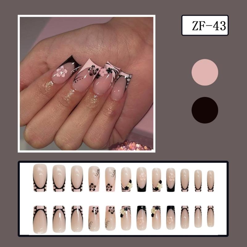Square Press On Nail French Tips Fake Nail Full Cover False Nail with Flower Designs Artificial Acrylic Nail for Women