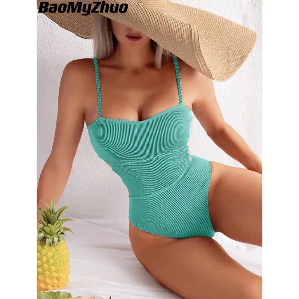 Sexy Gerippter Einteiler Badeanzug Einfarbig Bademode Damen Cut Out Monokini Hochgeschnitten Schwimmanzug Weiblich Baden Bikini Anzüge