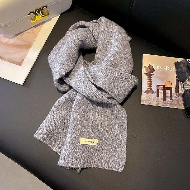 Australian Wool Small Scarf Women'S Winter Solid Color Knitted Scarf Korean Version Thickened Warm Neck Protection