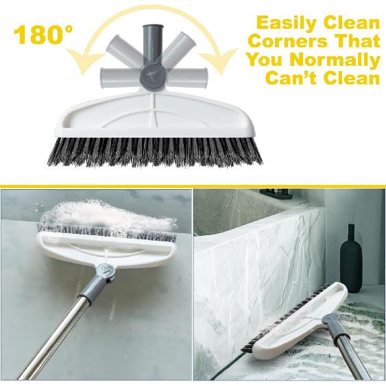 Grout Cleaning Brush with Long Handle, Stiff Brush, Swivel Hard Bristle Brush, 2 in 1 Scrub Brush with Scraper, Tapered Bristles Grouting Line Brush,