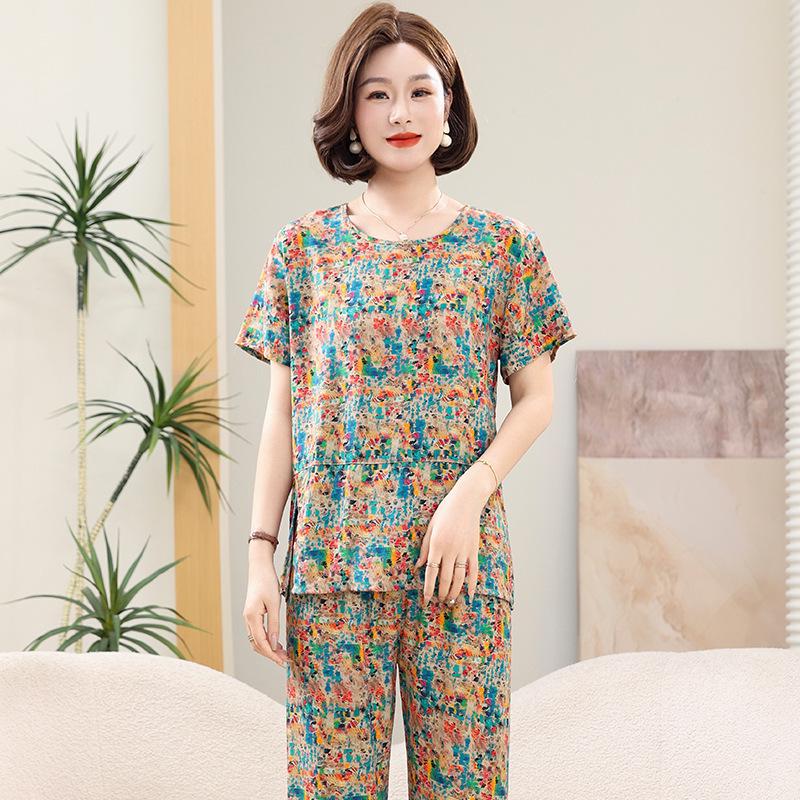 

Women s Cotton Silk Short Sleeve Pajama Set - Breathable Summer Style for Middle-Aged and Elderly Mothers 3XL (120-135 lbs)