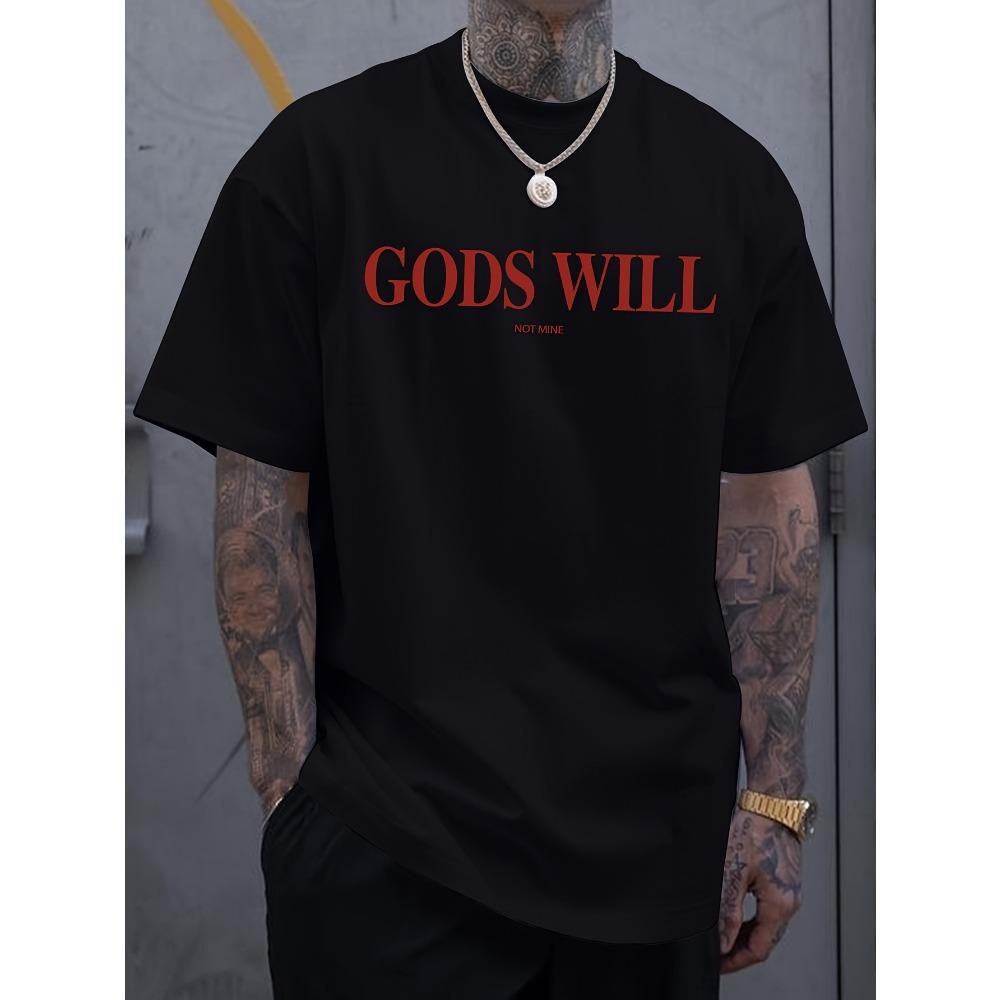 

Men s bold GODS WILL red letter print T-shirt dark background casual street style short sleeves summer shirt S