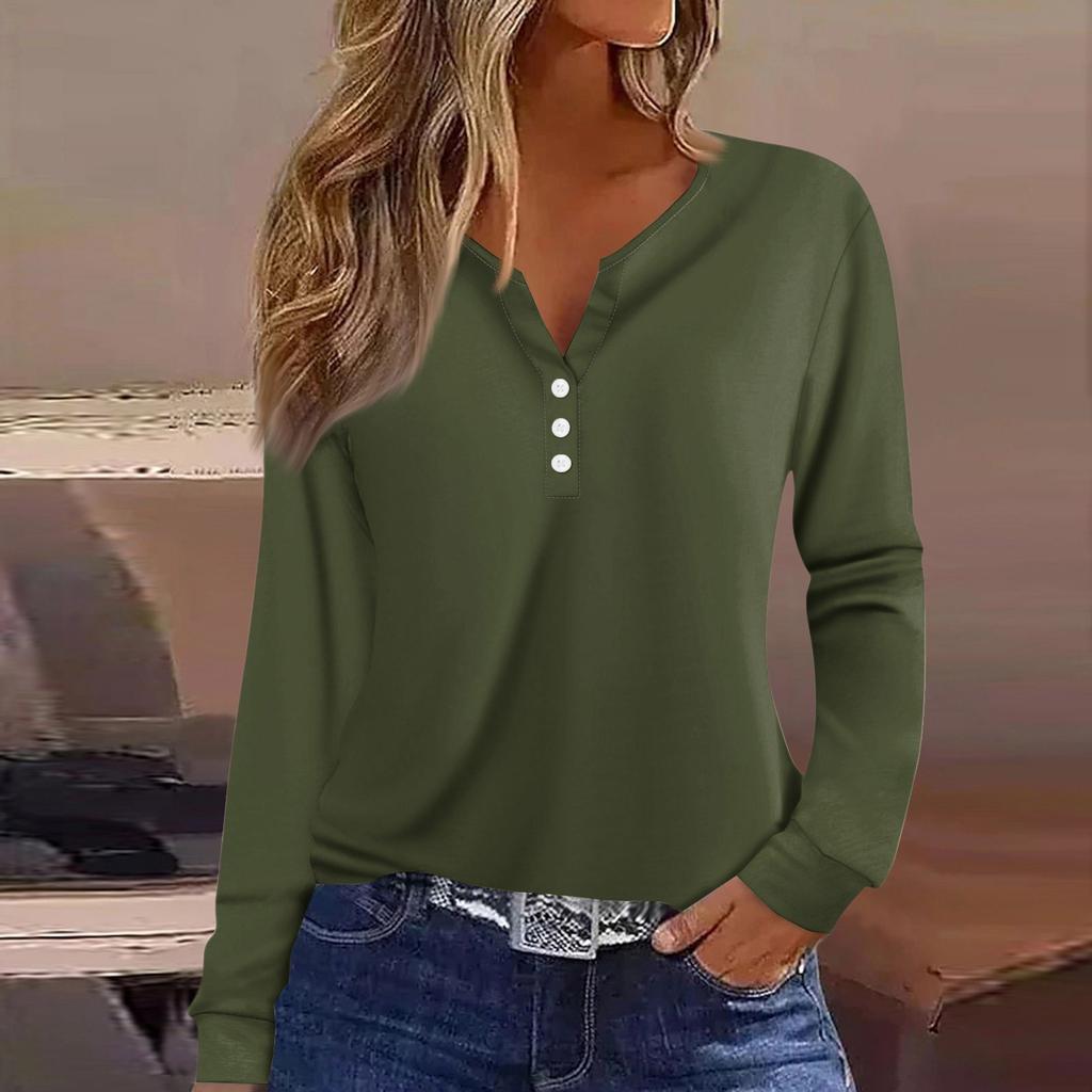 Dámské tričko Tričko Knoflíček Dlouhý rukáv Denní víkendová móda Basic Top s výstřihem do V