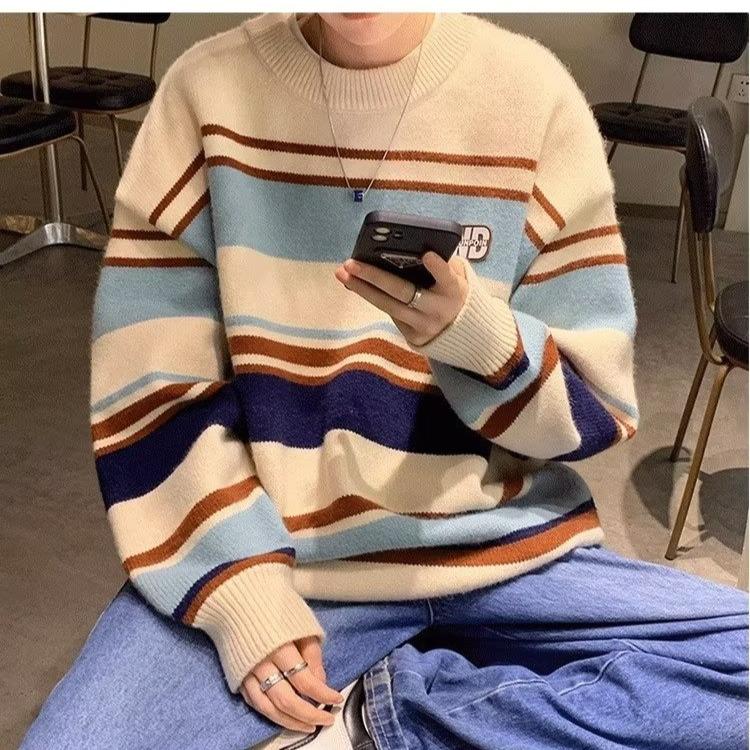 Pulover pentru bărbați cu dungi largi, cu decolteu, toamnă, supradimensionat, tricotat, iarna, tricotaje calde