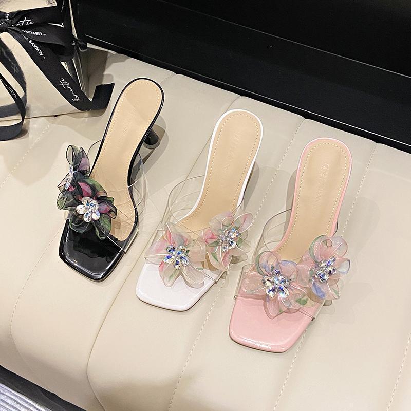 One-word High-heeled Sandals 2025 New Summer Versatile Stiletto Transparent Square Head Open-toed Slippers Women's Shoes