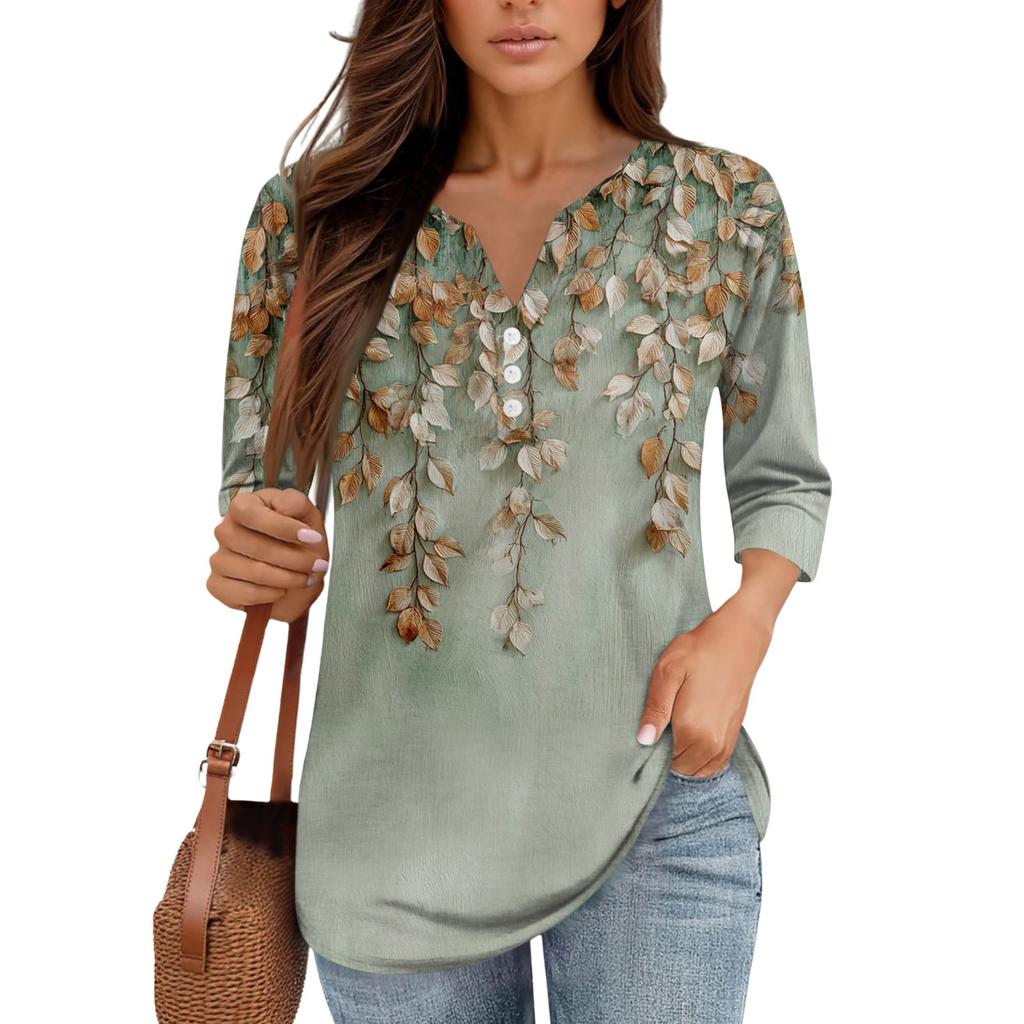 3/4 Length Sleeve Women's Tops Print Vintage Fashion Casual Loose With V Neck Plus Size Shirts Tops