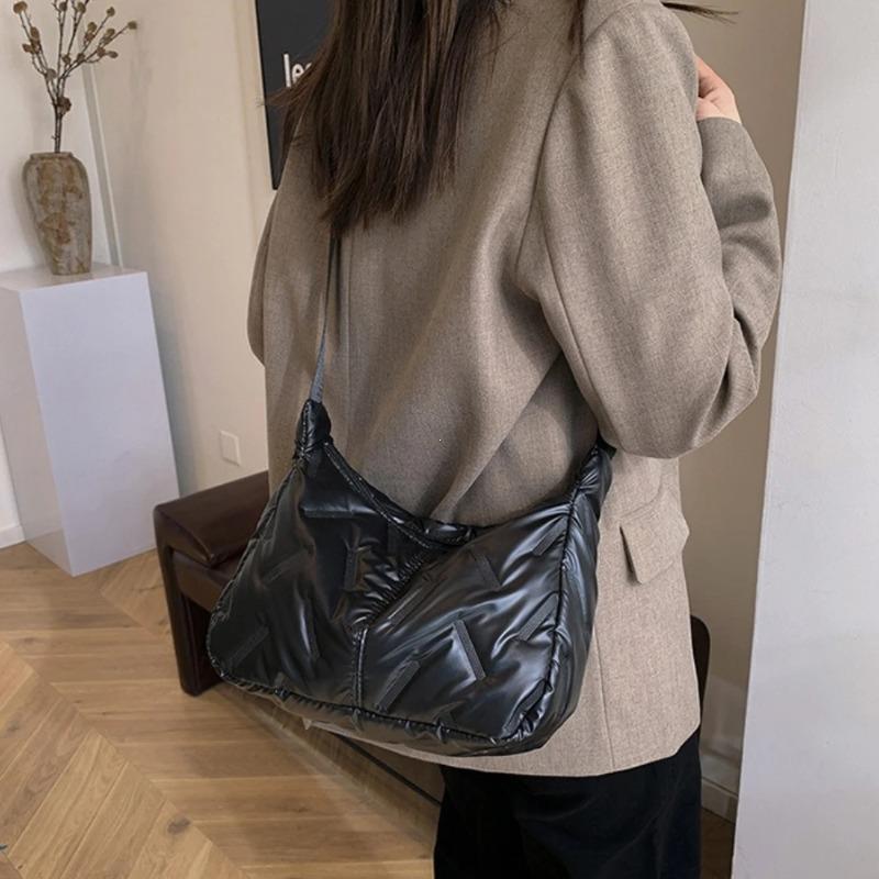 Bolso de Mano Ligero de Nailon Plateado para Niñas Bolso Dumpling Gran Capacidad Bolso de Hombro Cruzado Bolso Tote de Algodón Espacio Brillante Bolsos