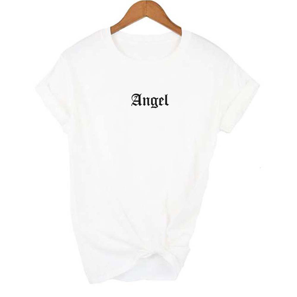 Angel Small Letter Print Vintage T Shirts For Women Graphic Tees Short Sleeve Casual Kawaii Camisas