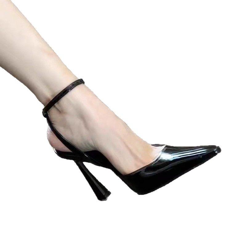 2025 spring and summer new imperial sister fan solid color fashion with pointed head bag head thin heel word belt hollow high heels women