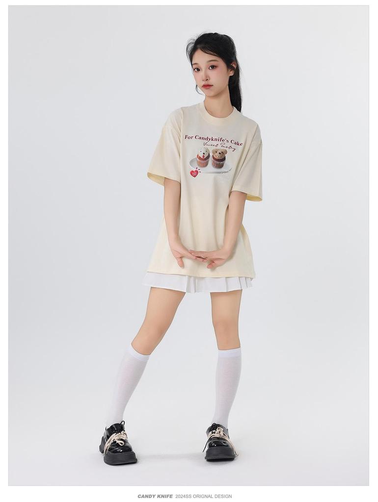 Korean Style Summer Cake Print Girlish Creamy Short Sleeve T-Shirt - Loose Round Neck Couple Outfit