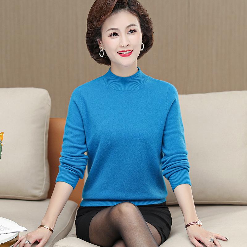 Brand Versatile Cashmere Sweater for Middle-Aged and Elderly Women - Half-High Collar, Warm Base Layer, Plus Size Top